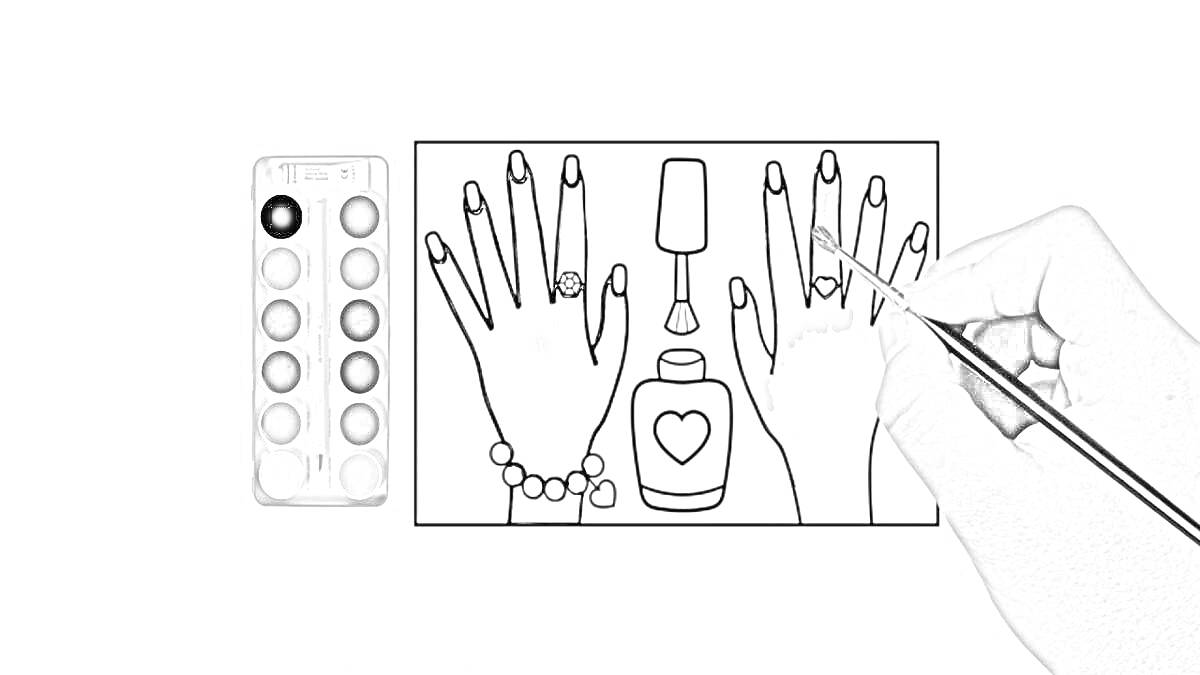 На раскраске изображено: Маникюр, Руки, Кольцо, Браслет, Ногти, Лак для ногтей, Палитра красок, Кисточки