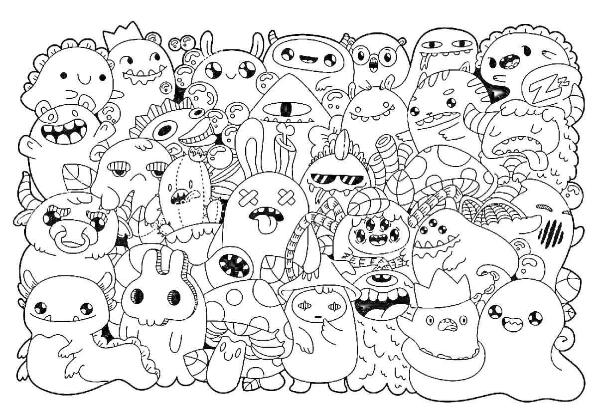 Раскраска Радужные друзья монстры, группа милых и смешных монстров разного вида, с разными выражениями лиц, в разных позах