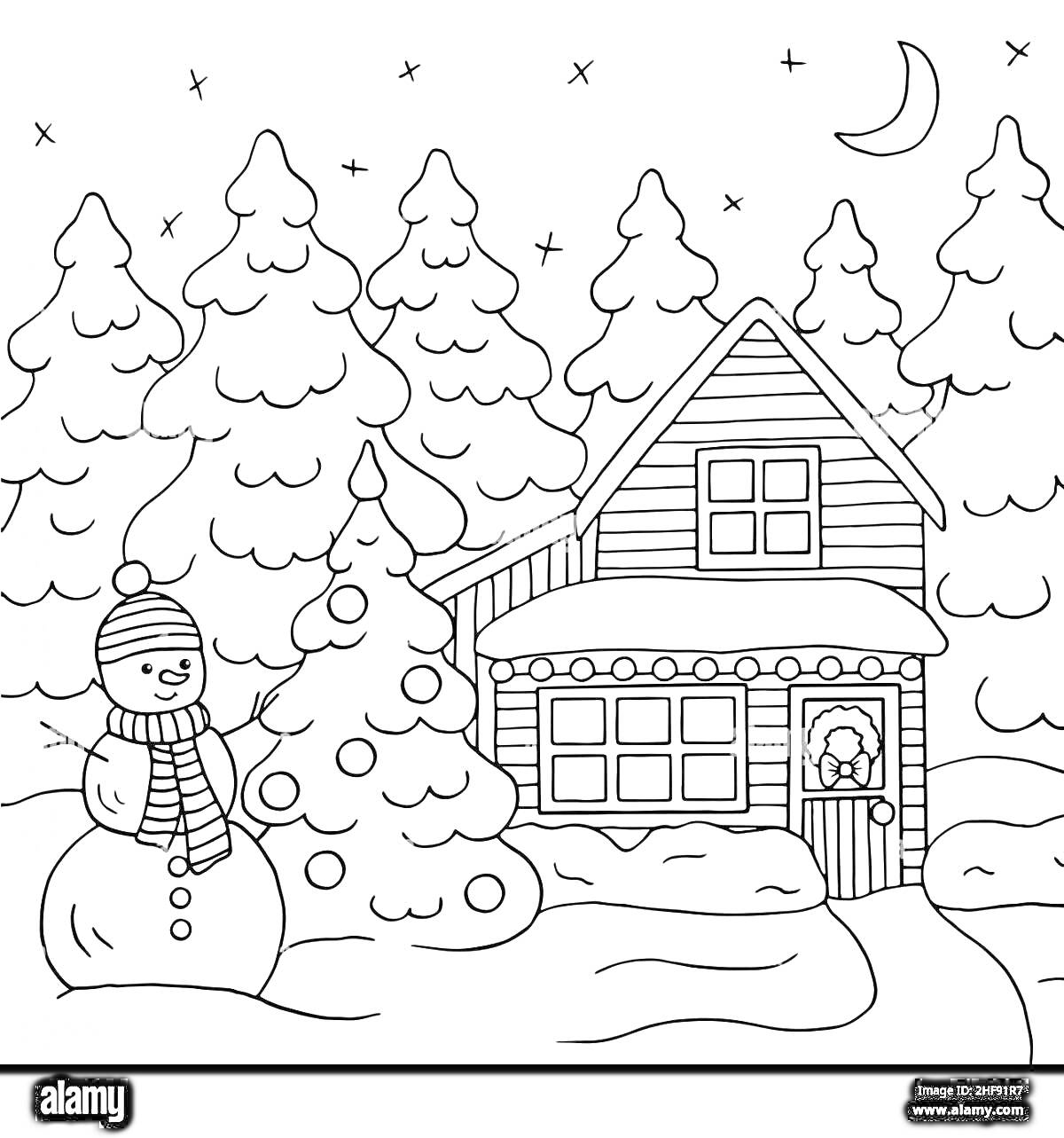 На раскраске изображено: Зима, Пейзаж, Дом, Новогодняя ночь, Снежный лес, Звезды, Ночь, Природа