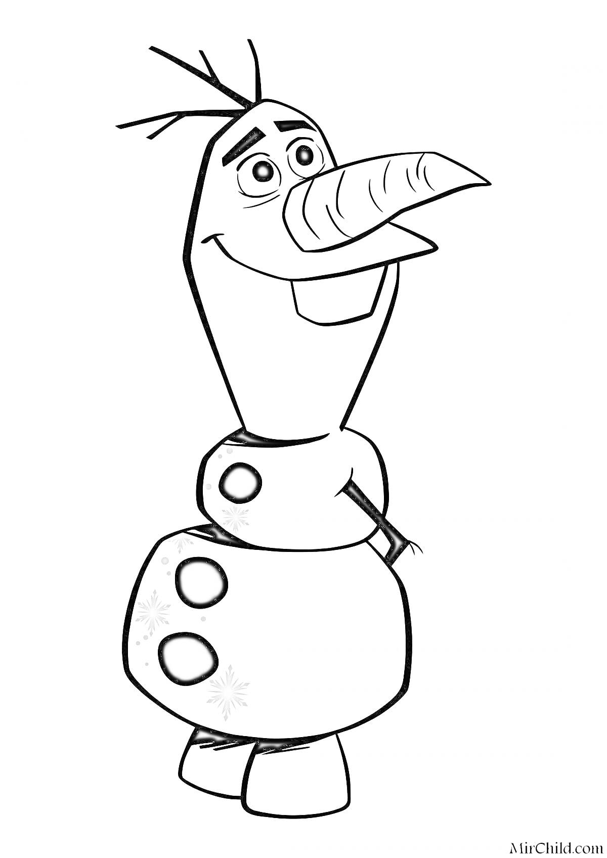 Раскраска Олаф с морковным носом, веточками на голове, двумя пуговицами и снежинками на животе