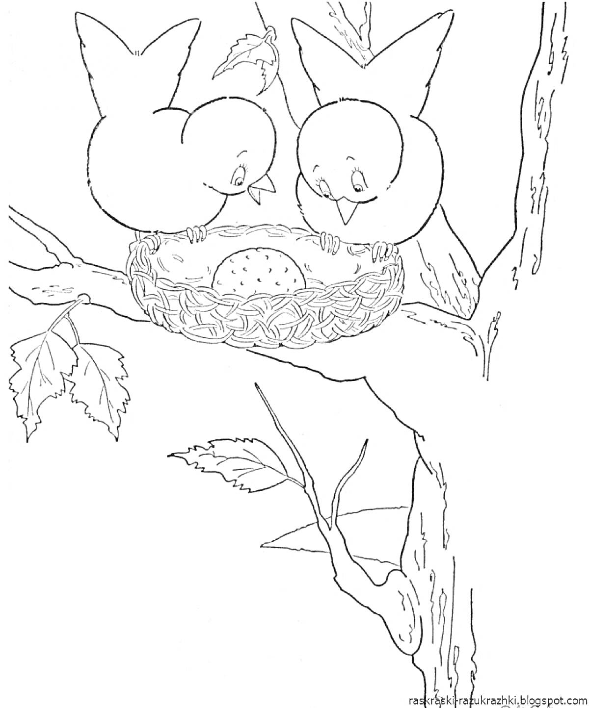 Раскраска Две птицы на дереве с гнездом и яйцом
