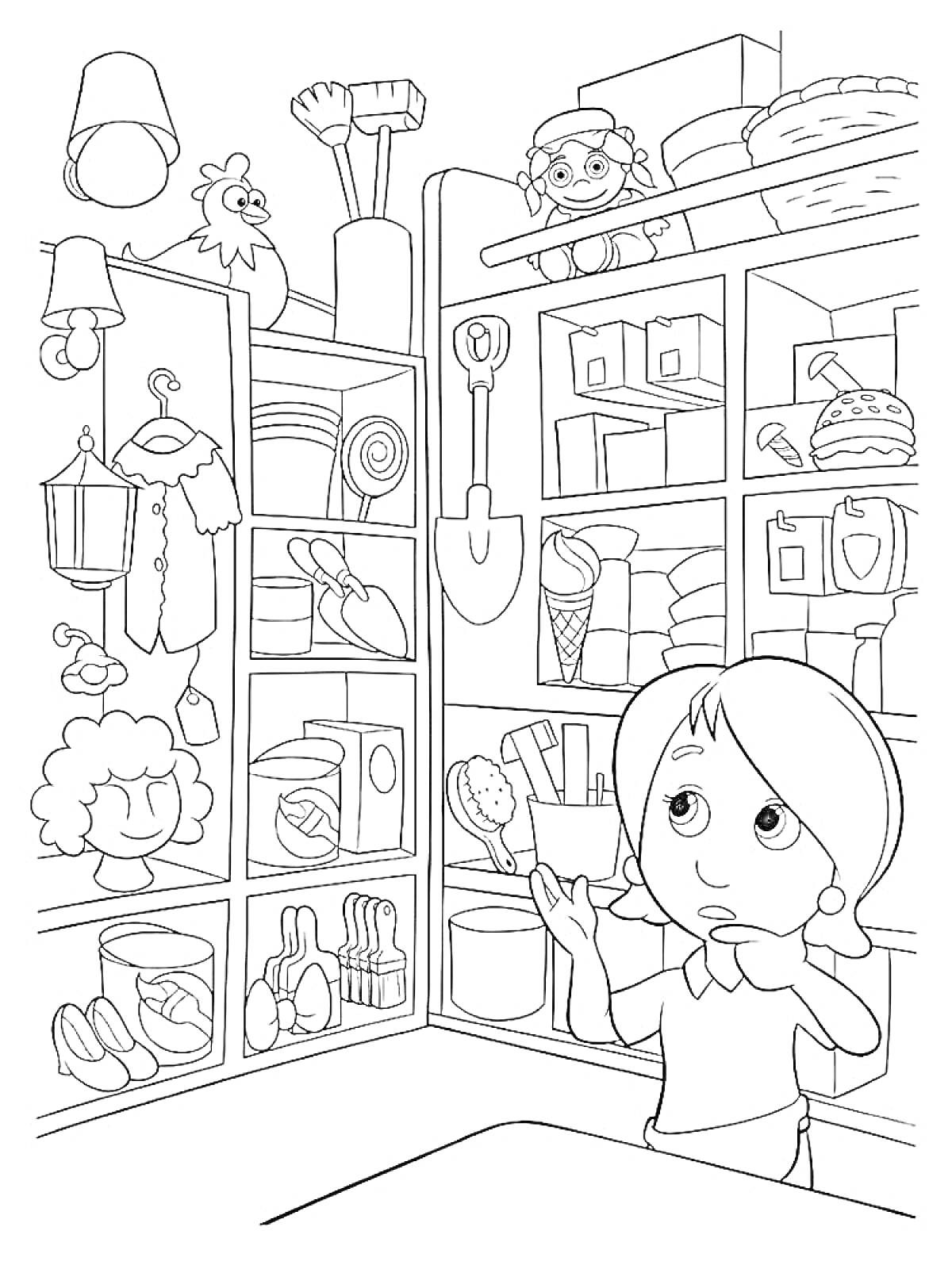 Раскраска Девочка в магазине игрушек с полками, полными игрушек, включая куклы, мяч, машинки, мягкие игрушки и другие предметы