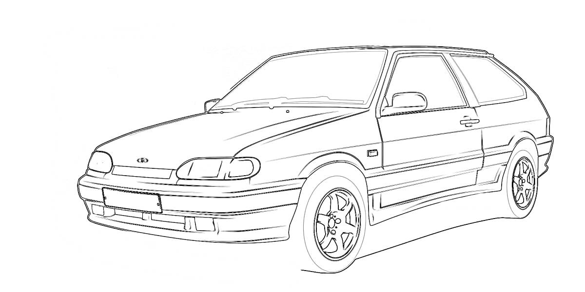 Раскраска ВАЗ 2114, вид спереди-сбоку с указателями поворота, передними фарами, колёсами, лобовым и боковыми стёклами, зеркалом заднего вида