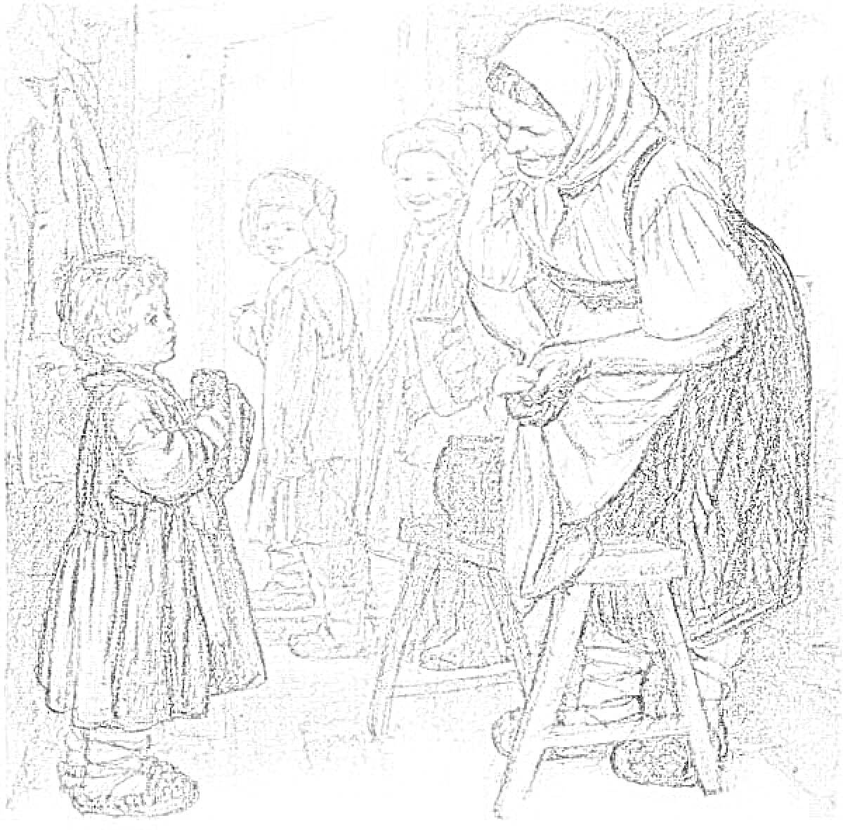 Раскраска Мальчик в длинной одежде стоит перед женщиной в платке и переднике, трое детей на заднем плане