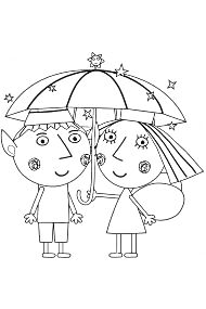 Раскраска Бен и Холли под волшебным зонтом с падающими звездами