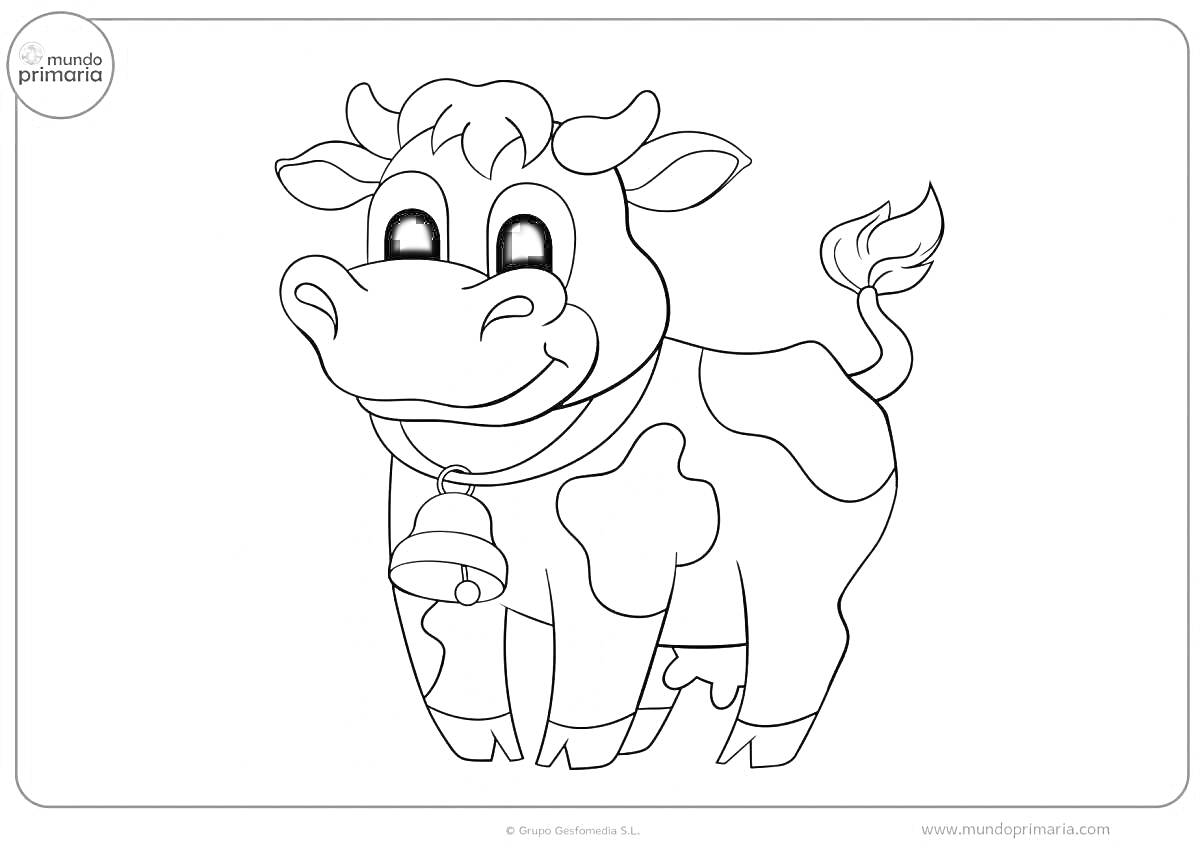 На раскраске изображено: Корова, Голова, Колокольчик, Пятна, Улыбка, Хвост, Уши, Глаза