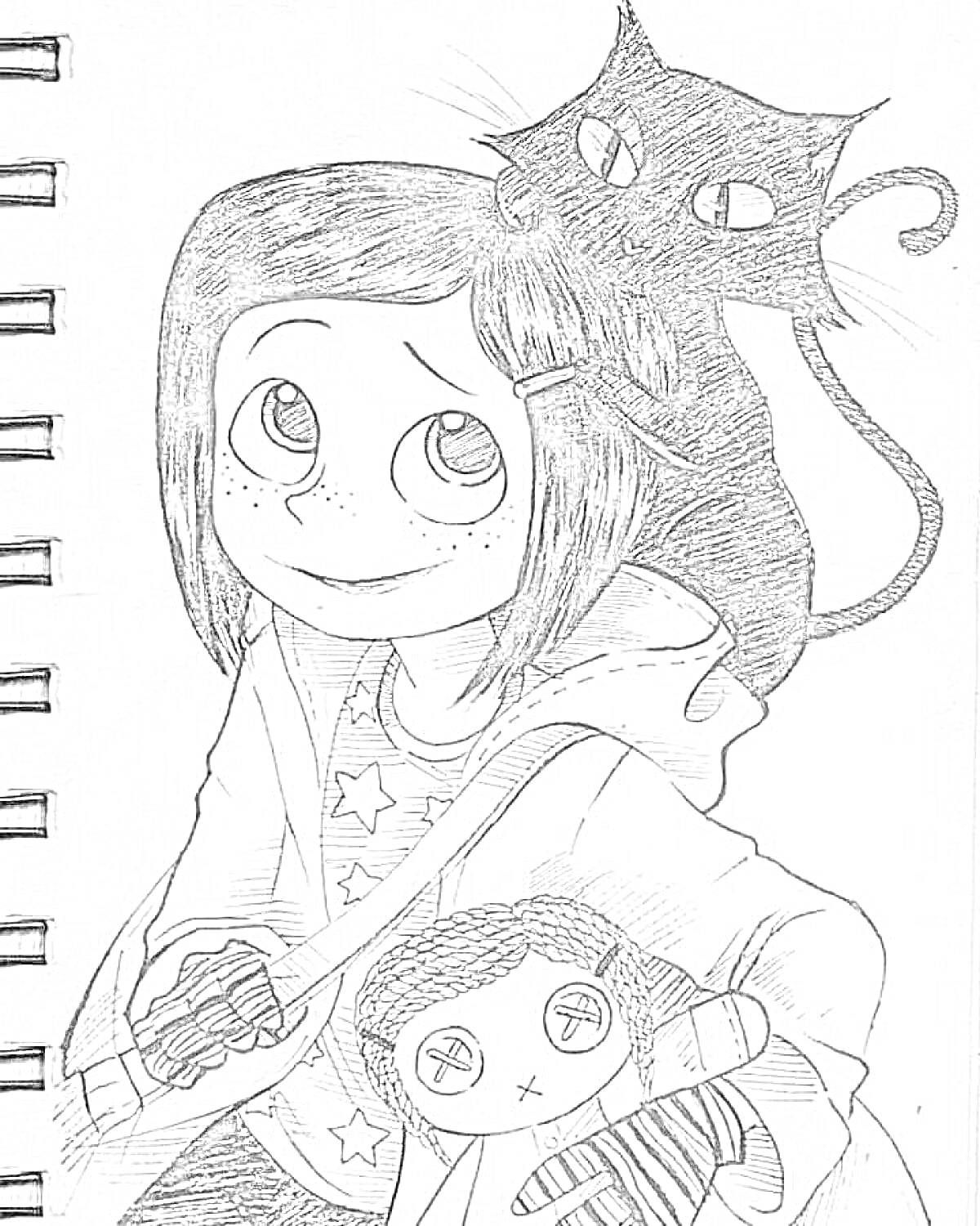 Раскраска Девочка с короткими волосами, сидящая с черным котом на плече и плюшевой куклой в руках