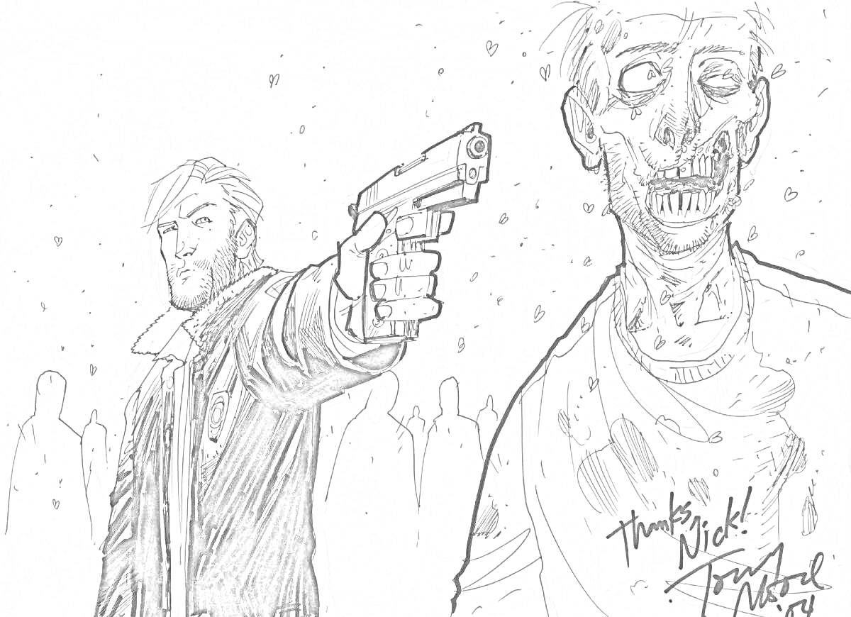 На раскраске изображено: Человек, Пистолет, Зомби, Оружие, Графика