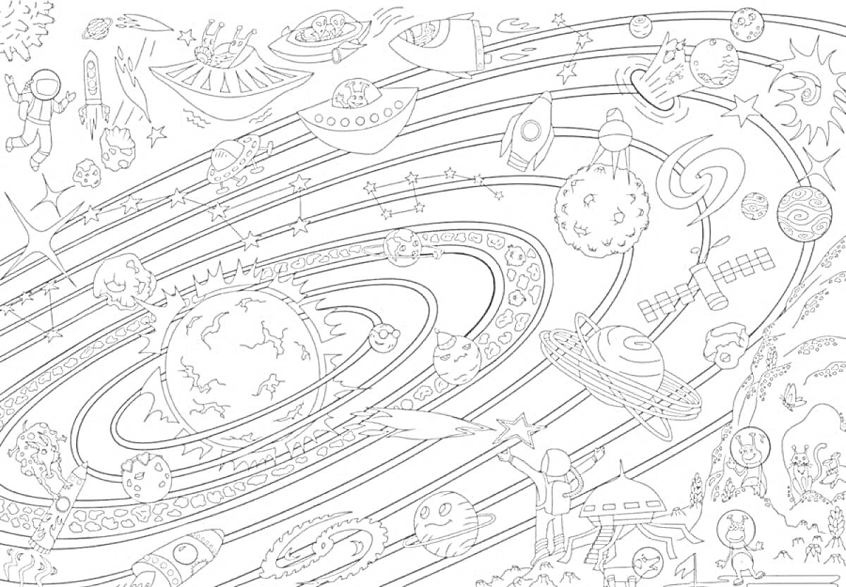 На раскраске изображено: Космос, Планеты, Космонавты, Инопланетяне, Звезды, Орбиты, Фантазия, Наука