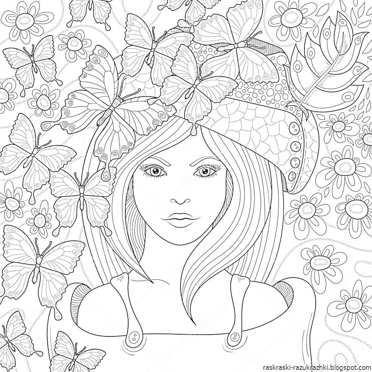 Раскраска Девушка с длинными волосами в цветочной шляпе и бабочками на фоне цветочного узора