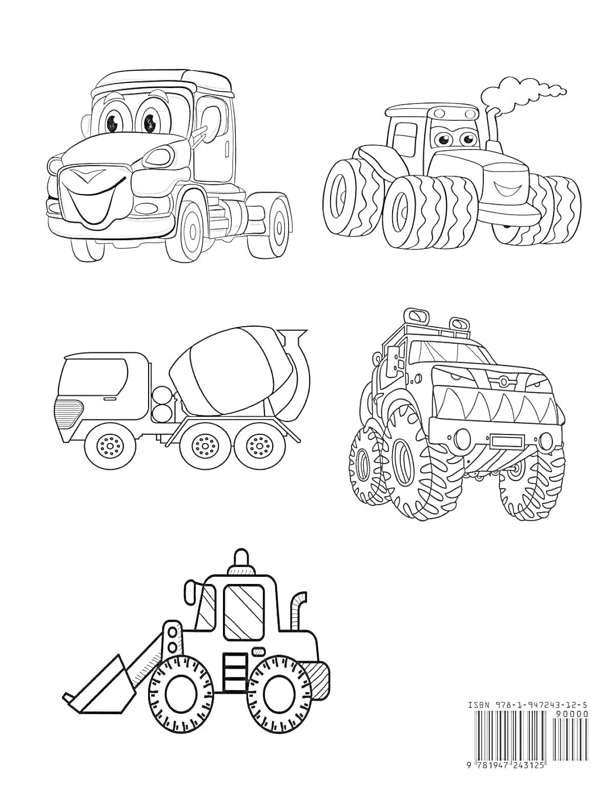 На раскраске изображено: Олли грузовичок, Трактор, Бетономешалка, Внедорожник, Бульдозер, Техника