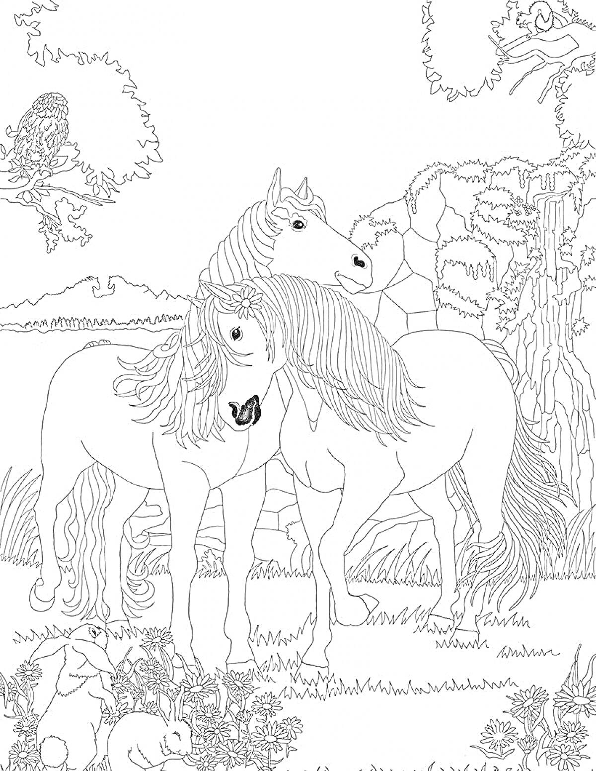 Раскраска Две лошади стоят на лужайке среди травы, вокруг них - цветы, кусты, деревья, сова на ветке, и два зайца на переднем плане