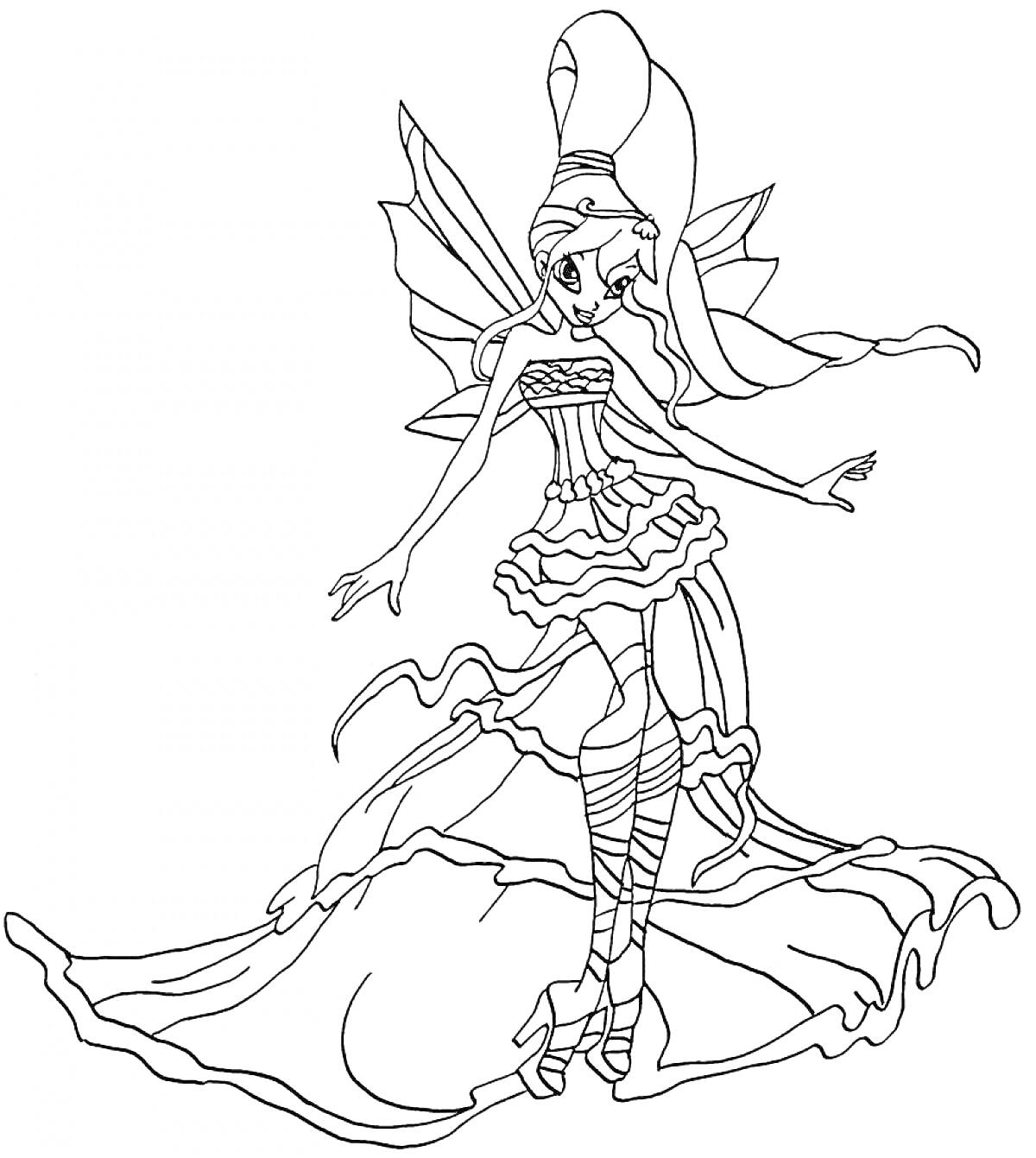 Раскраска Фея с крыльями в гармоничном платье с воланами, длинные волосы