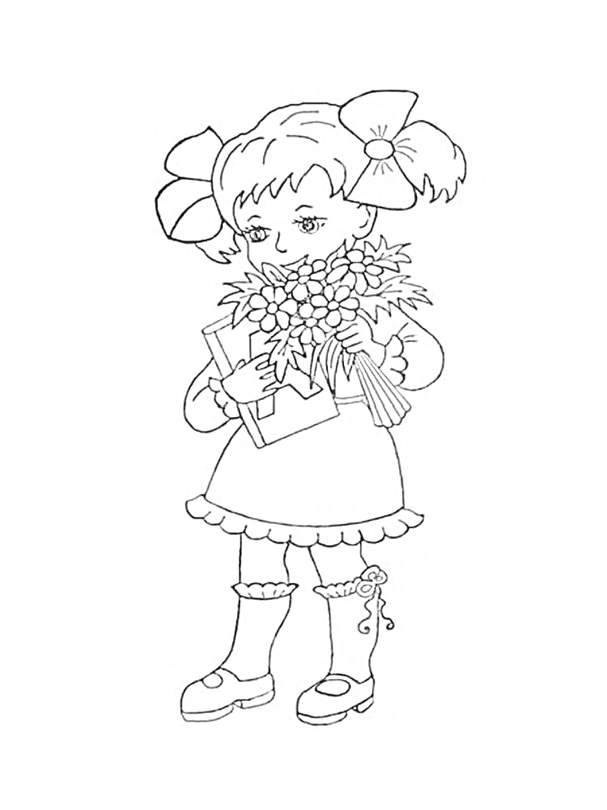 Раскраска Девочка с цветами и книгой