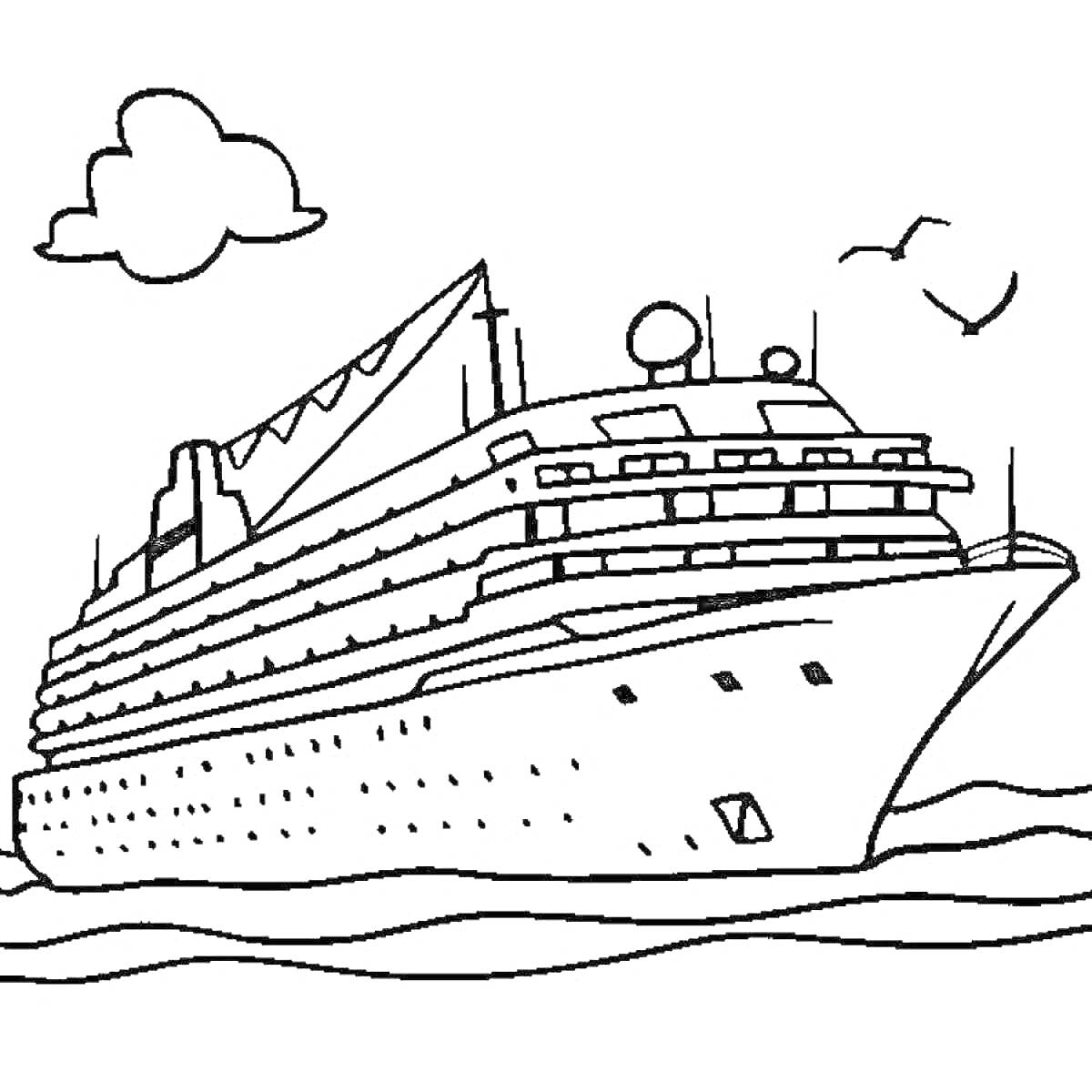 На раскраске изображено: Круизный лайнер, Корабль, Море, Облака, Птица, Океаны