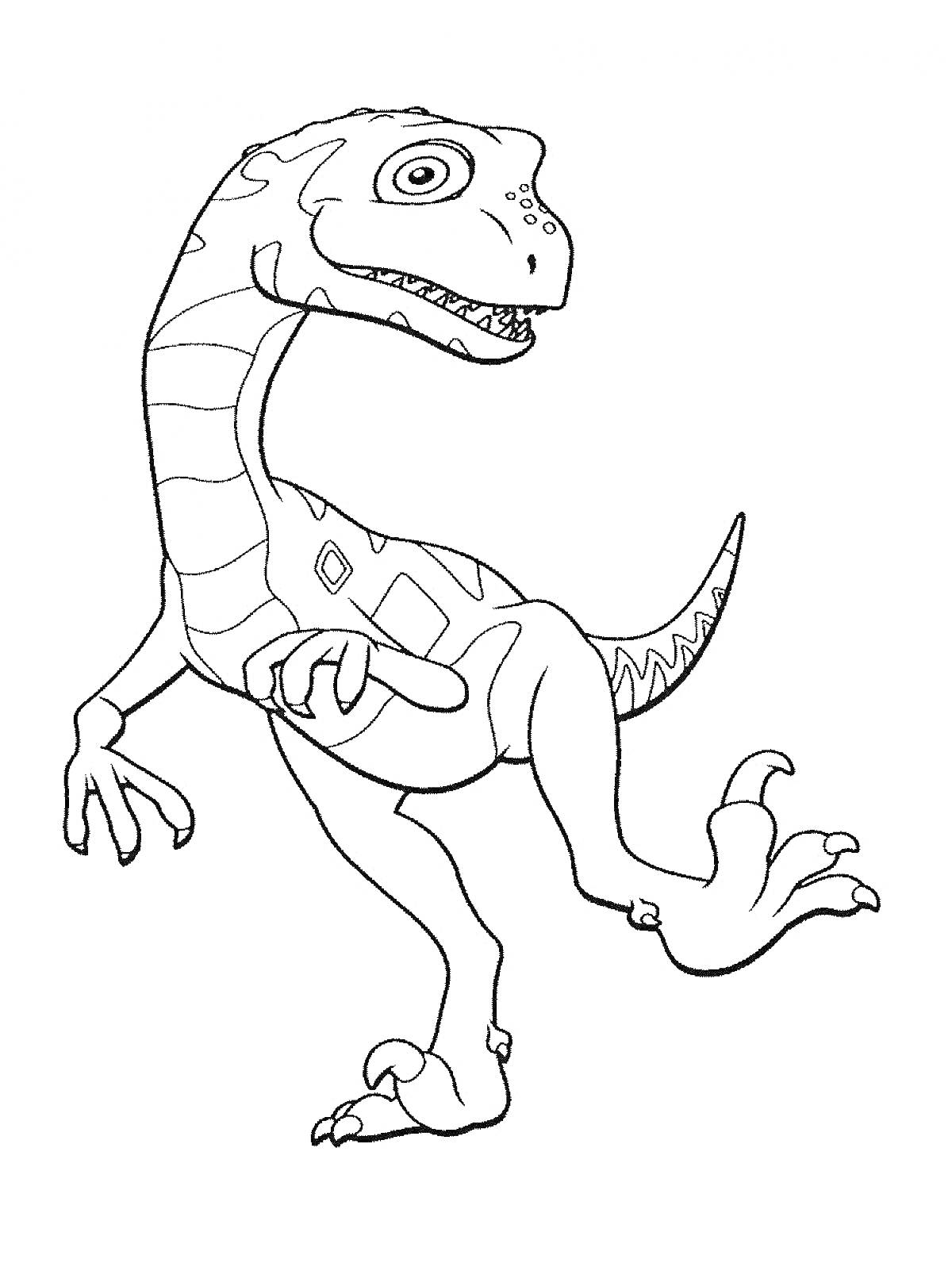 Раскраска Динозавр из Поезда Динозавров, стоящий на одной ноге с поднятой передней лапой