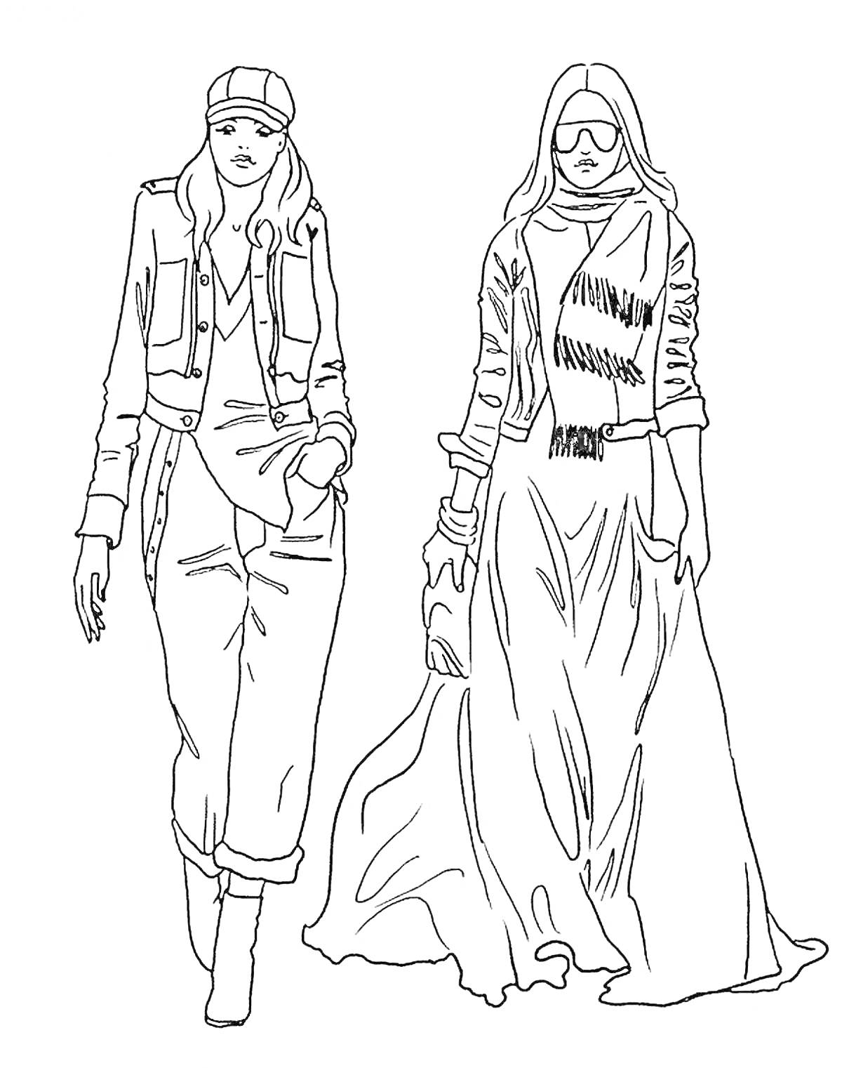 Раскраска Две девушки в модных нарядах: одна в кепке, жакете, брюках и ботинках, другая в очках, длинном платье и перчатках, с клатчем в руке