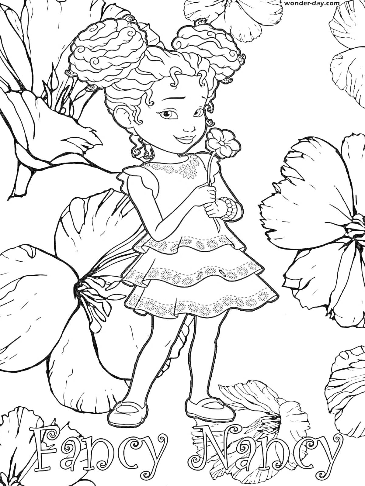 Раскраска Fancy Nancy с цветами; девочка в платье, держащая цветок, на фоне больших цветов