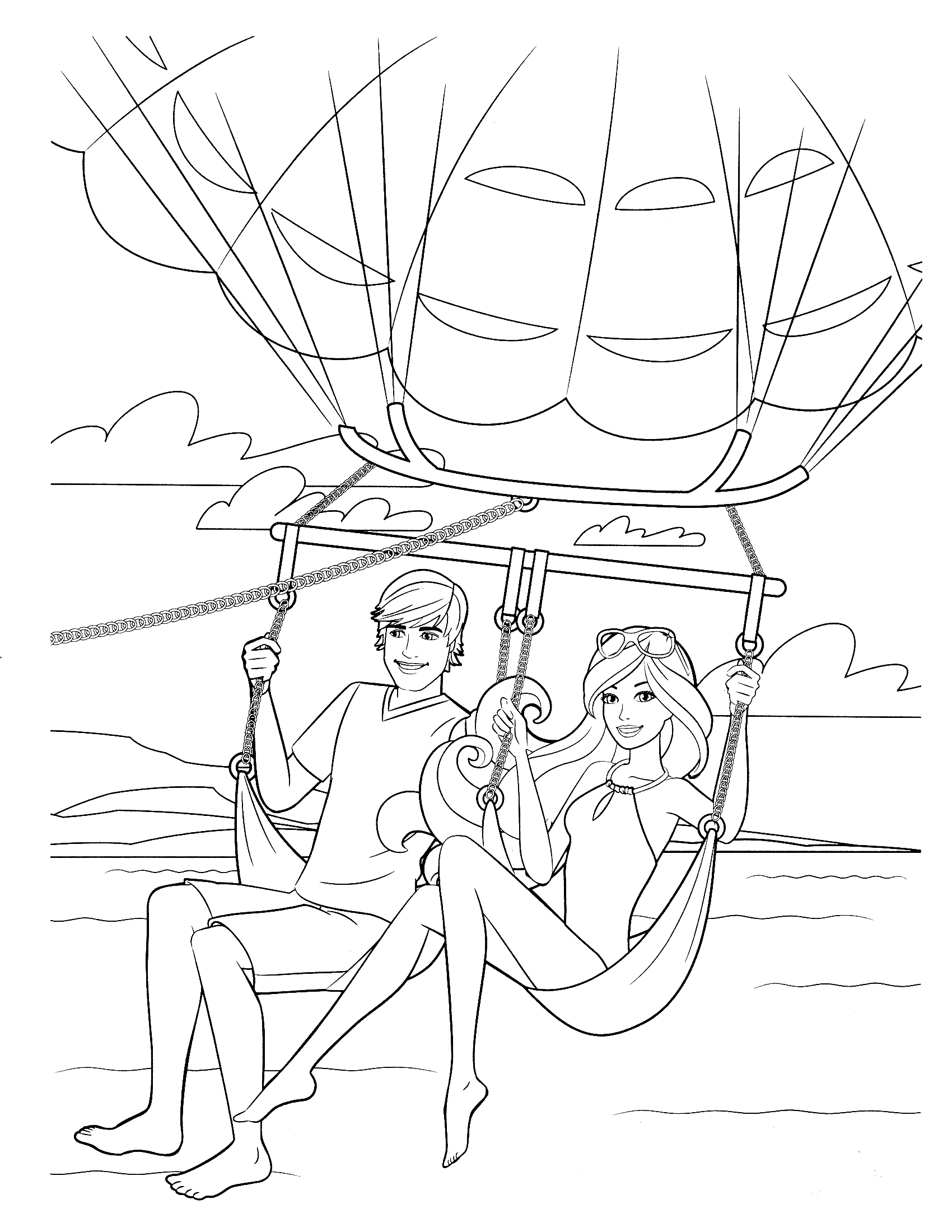 Раскраска Барби и Кен в полете на воздушном шаре над океаном