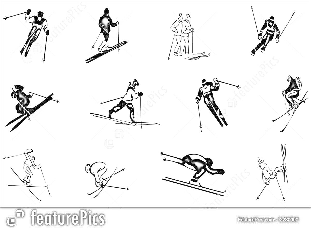 Раскраска Сцены лыжных гонок с изображением гонщиков в различных статичных и динамичных позах, включая моменты старта, интенсивного лыжного спуска и пересечения финишной черты.