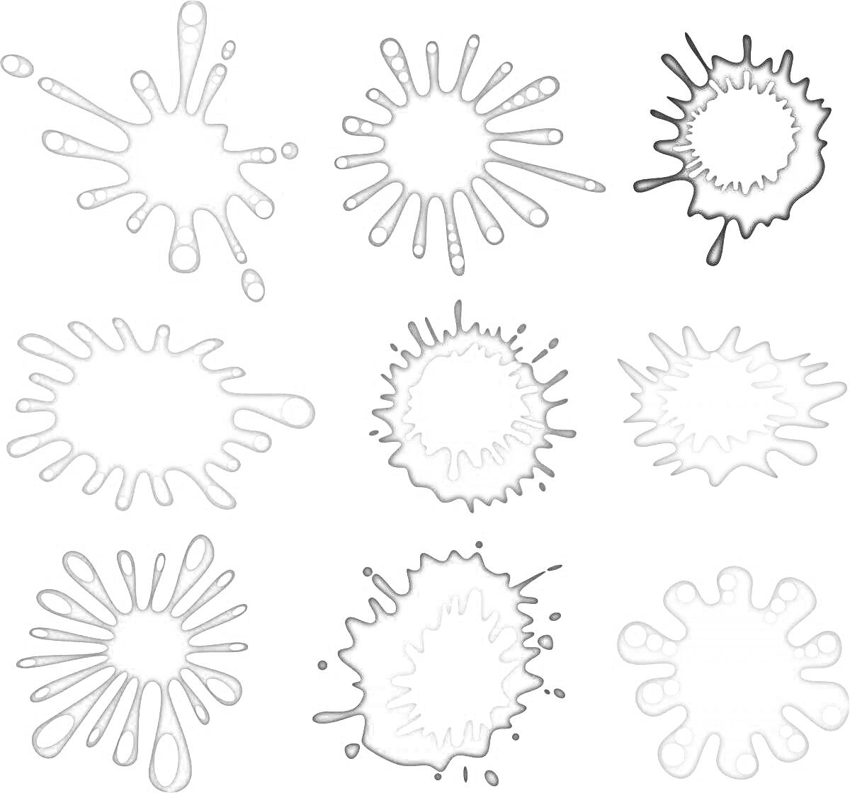 Раскраска Круглые и вытянутые кляксы черно-серых оттенков