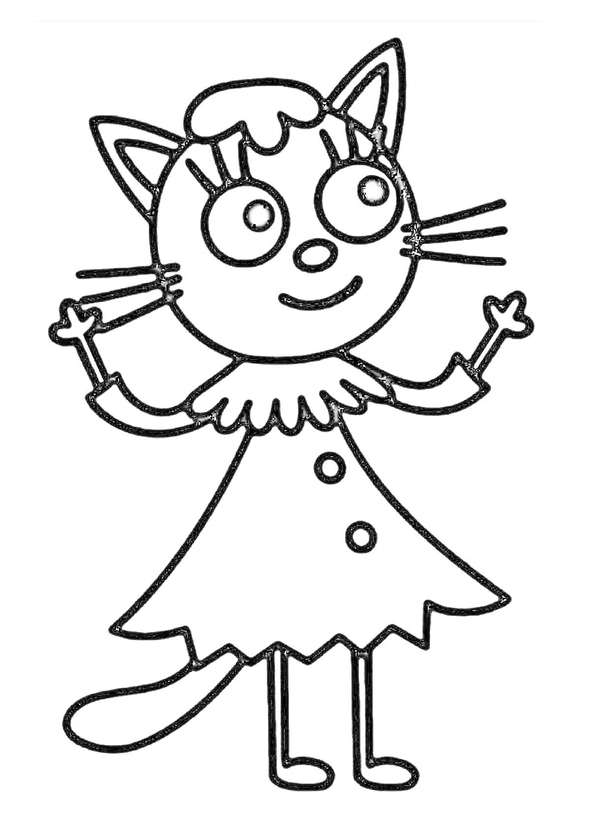 Раскраска Кошечка в платье с кнопками и воротником, с усами и хвостом