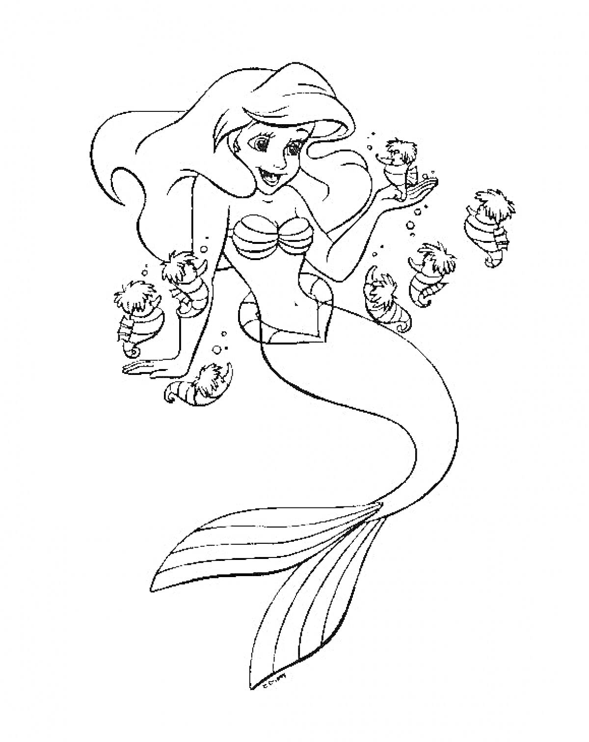 Раскраска Русалка Ариэль с морскими коньками: Ариэль с длинными волосами, в ракушках, шесть морских коньков