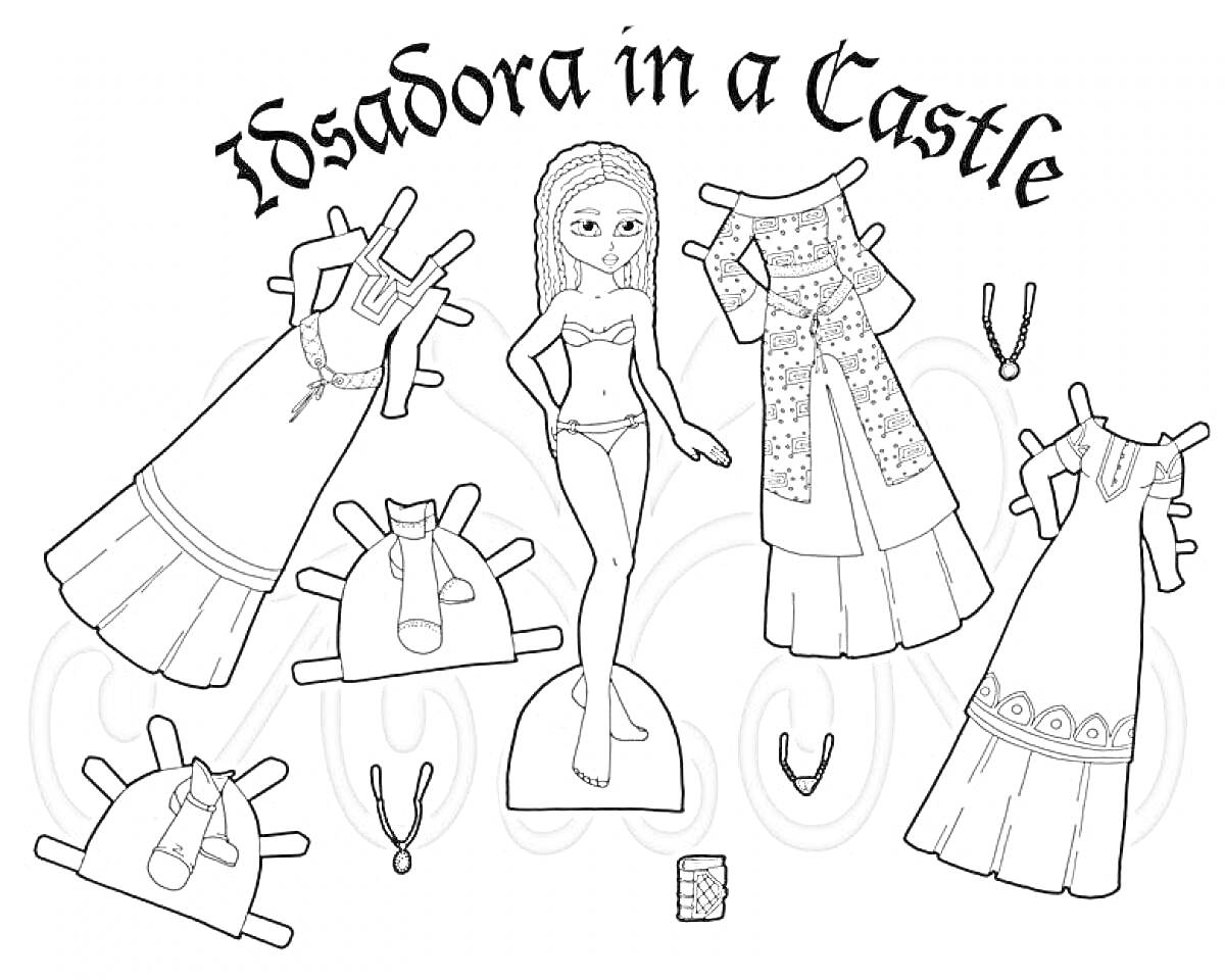 На раскраске изображено: Бумажная кукла, Замок, Кукла, Одежда, Печать, Платье, Аксессуар