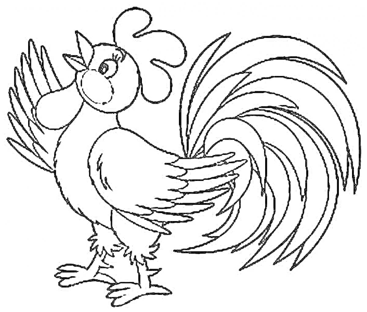 Раскраска Раскраска с изображением радостного петуха с пушистым хвостом и расправленными крыльями