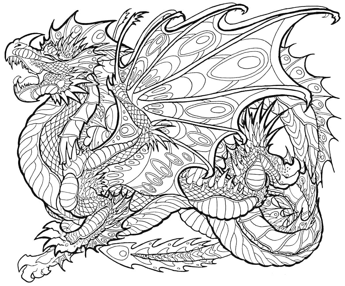 Раскраска Дракон с узорными крыльями и изогнутым хвостом