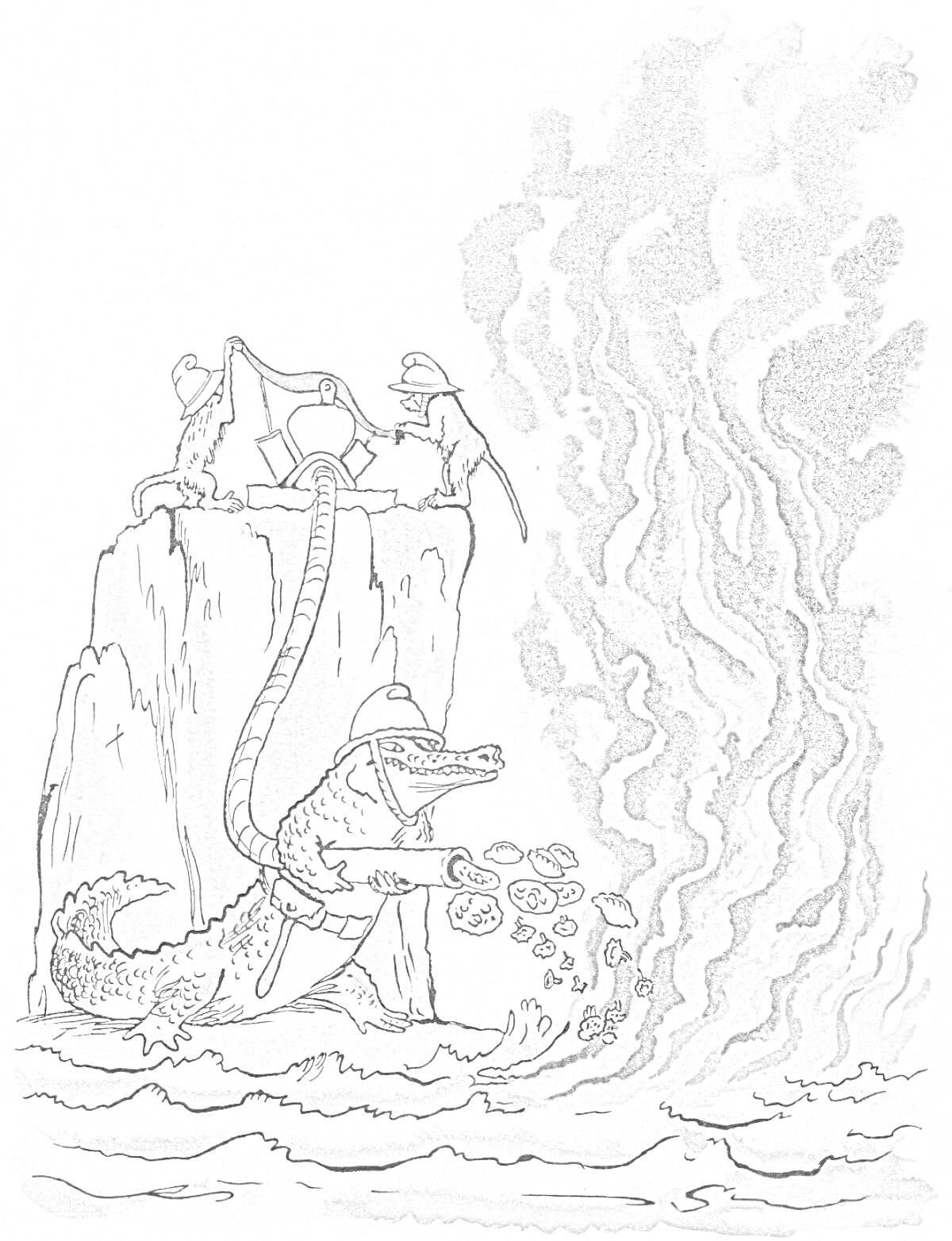 На раскраске изображено: Крокодил, Обезьяны, Пожарный шланг, Огонь, Вода, Пожар, Дым