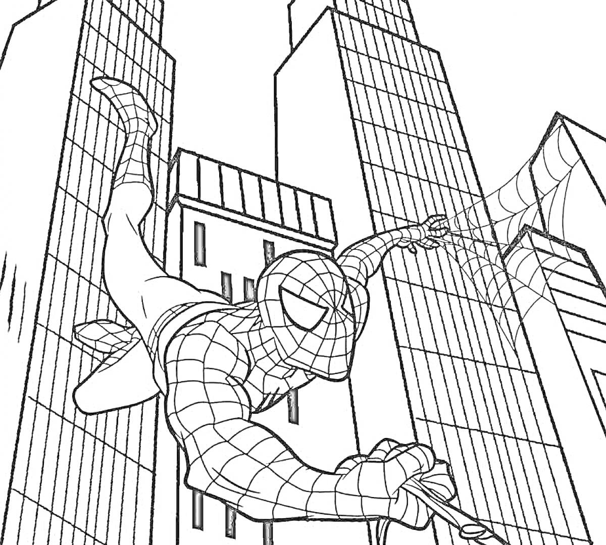 Раскраска Человек Паук, летящий на паутине между небоскрёбами