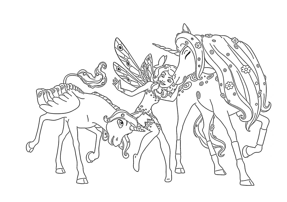 На раскраске изображено: Единороги, Фея, Крылья, Мифические существа, Мия и Я, Дружба, Волшебство, Природа