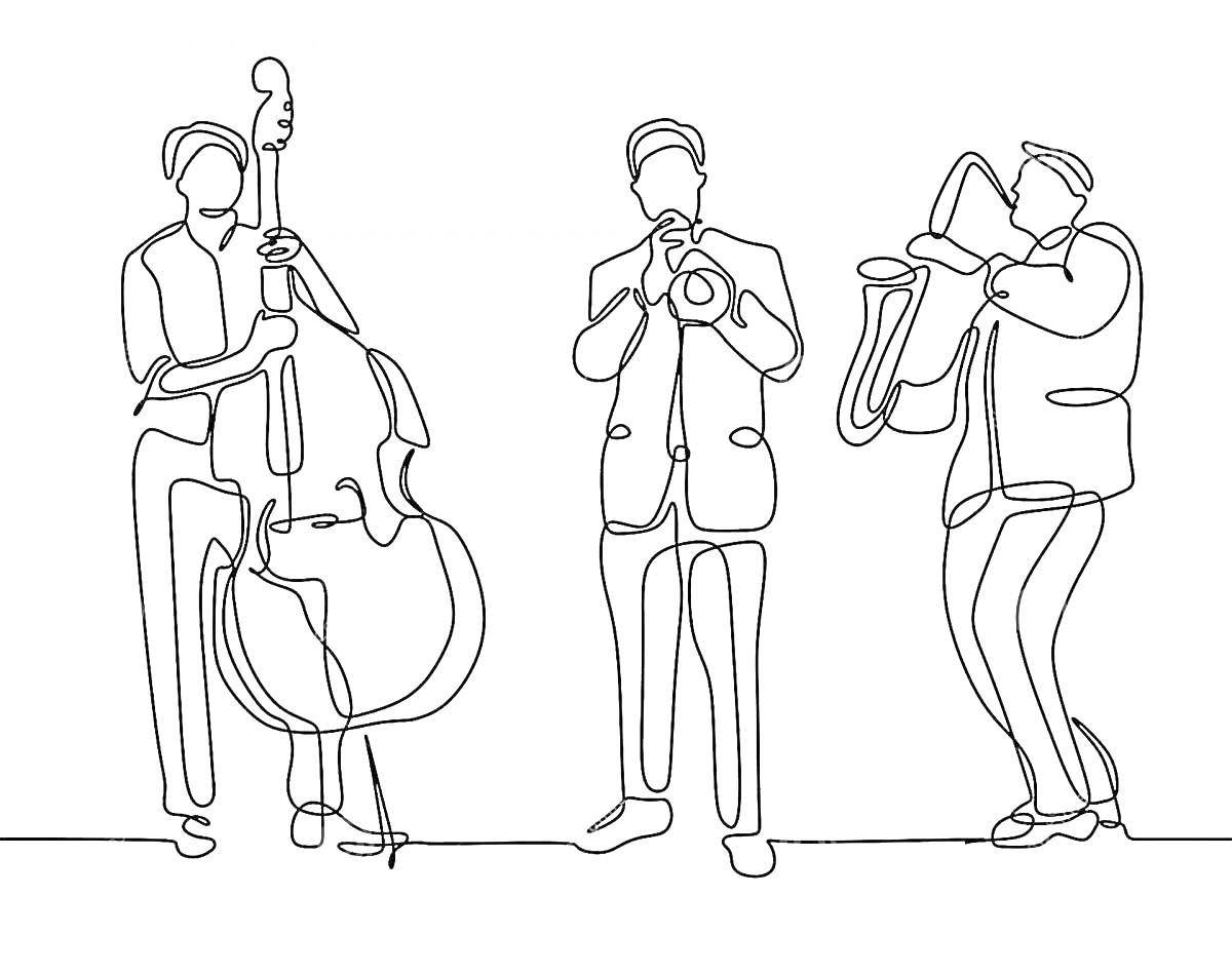 На раскраске изображено: Оркестр, Музыка, Контрабас, Труба, Саксофон, Музыканты