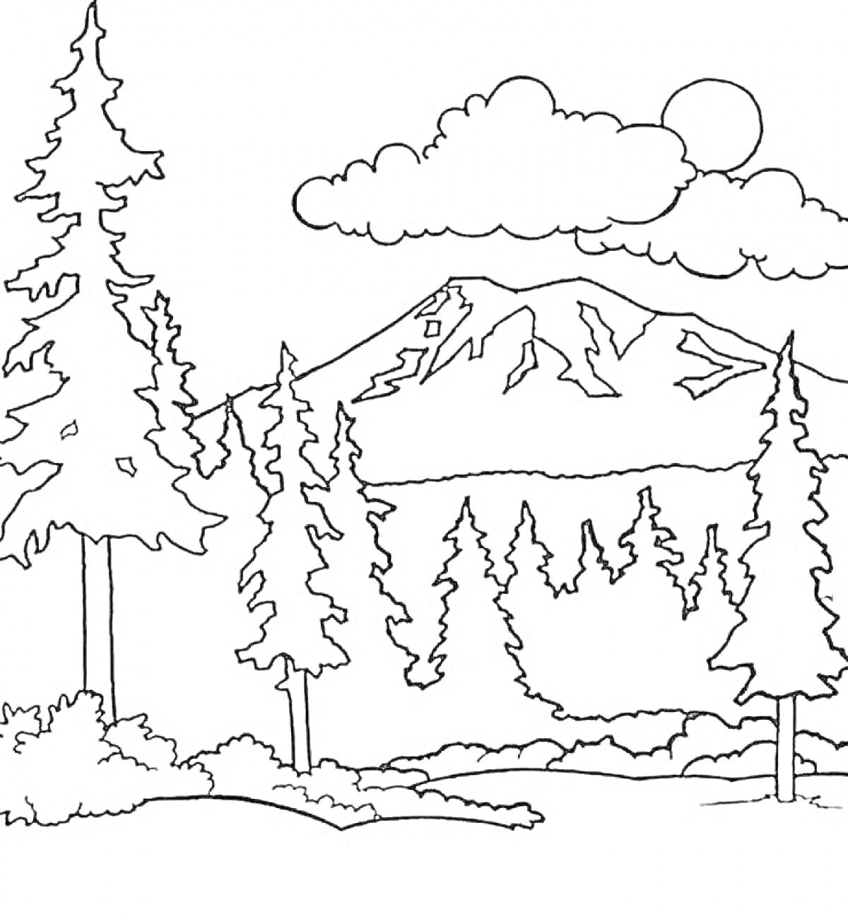 На раскраске изображено: Тайга, Горы, Ёлки, Облака, Солнце, Пейзаж, Природа, Лес, Деревья