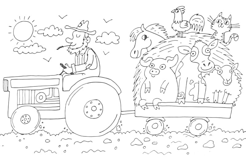 Раскраска Фермер на тракторе везет животных