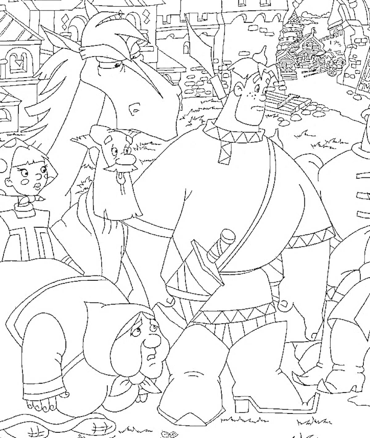 Раскраска Алёша Попович и Тугарин Змей: Алёша, Тугарин Змей, конь, старушка, город