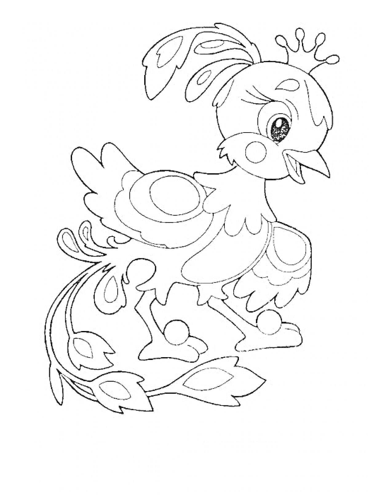 Раскраска Жар Птица с короной, перьями на голове, крыльями и декоративным хвостом