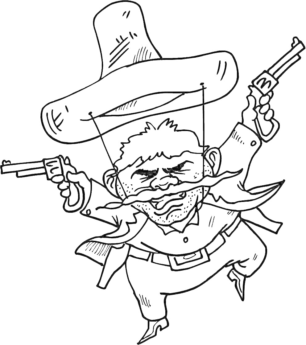 Раскраска Бандит в сомбреро с двумя пистолетами