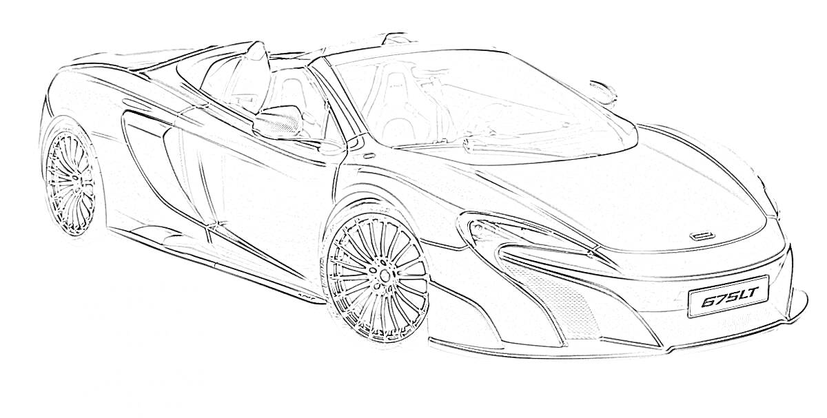 Раскраска Раскраска автомобиля Макларен с детализированными колесами, фарами, капотом, дверями и лобовым стеклом