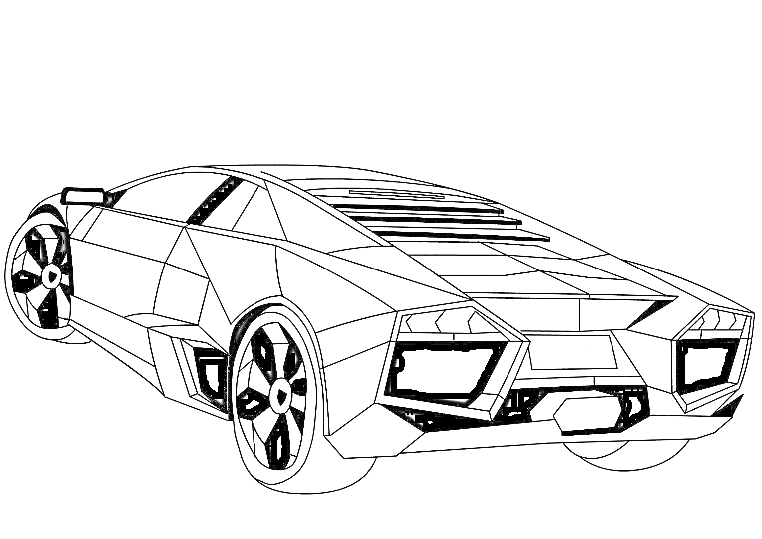Гоночная машина Ламборджини с большим задним спойлером, угловатым дизайном и крупными колесами