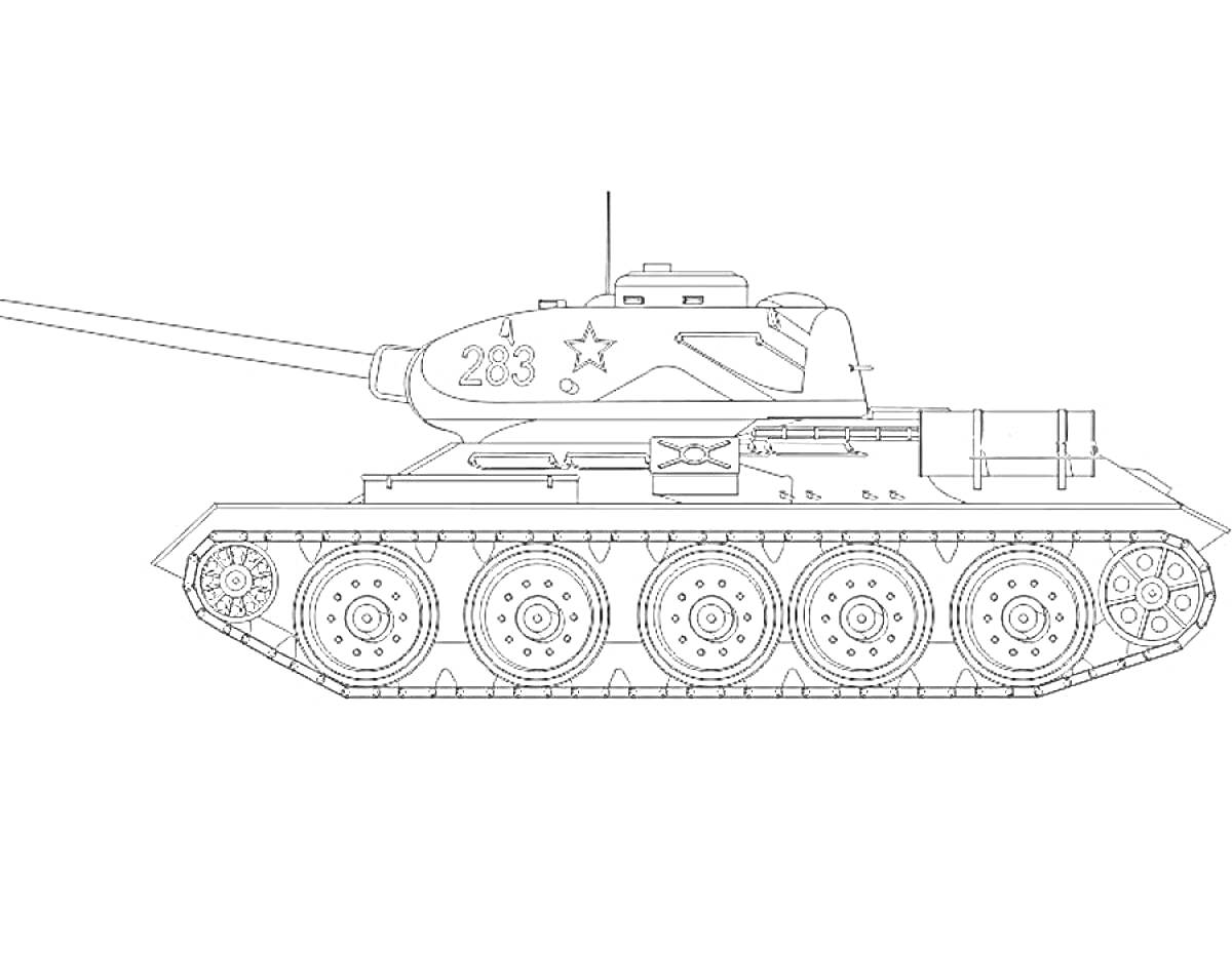 На раскраске изображено: Танк, Т-34, Бронетехника, Военная техника, Гусеницы, Звезды, Контурные рисунки