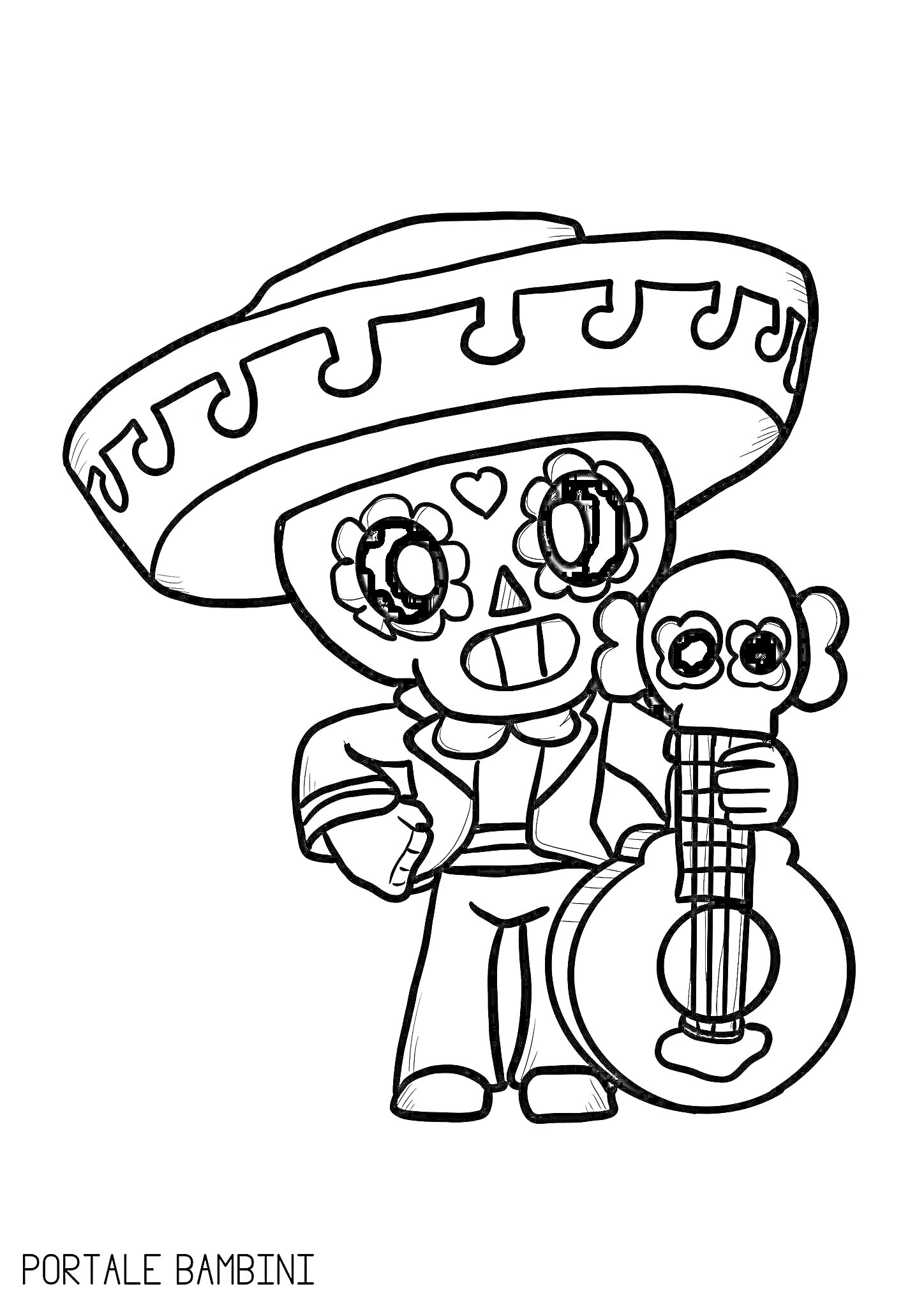На раскраске изображено: Поко, Гитара, Сомбреро, Персонаж, Мексиканская культура