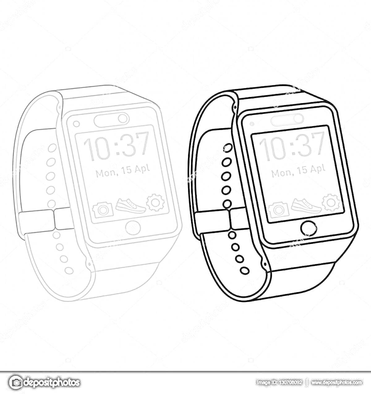 Раскраска Две пары смарт часов с круглым циферблатом, на дисплее отображается время 10:37, дата Понедельник, 15 Апреля, и иконки для шагомера и сообщений