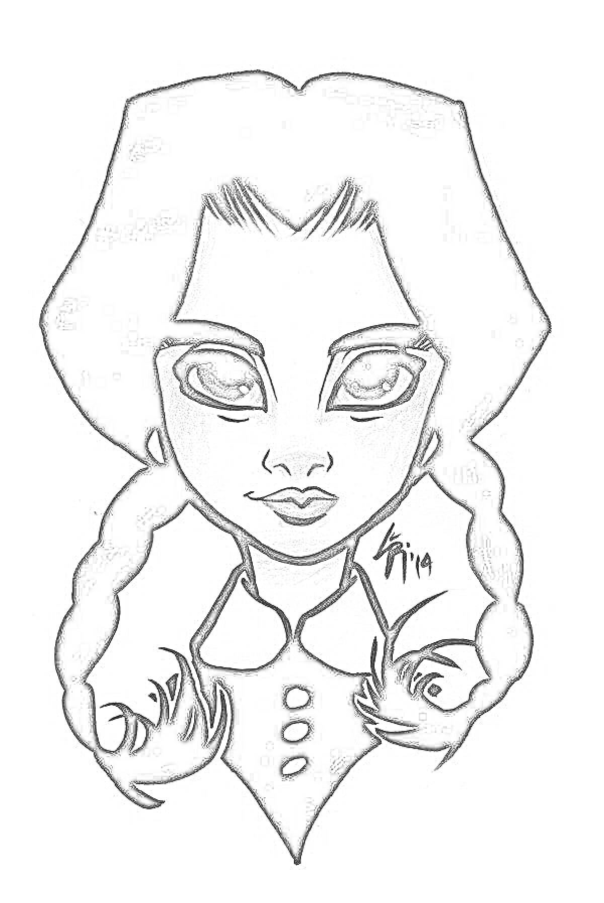 Раскраска Девочка с заплетенными косичками и большими глазами в черной одежде