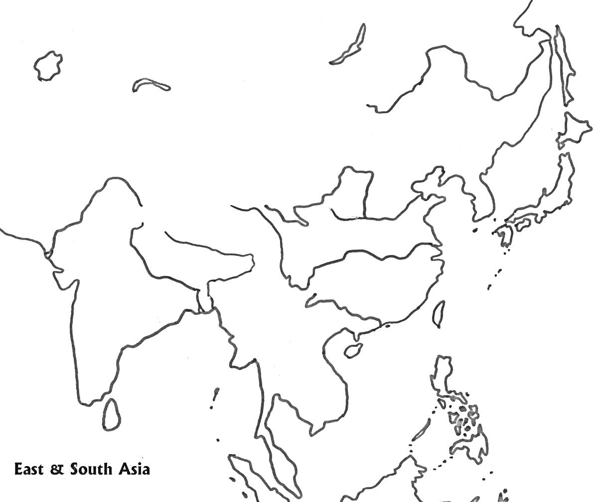 Контурная карта Восточной и Южной Азии с изображением стран