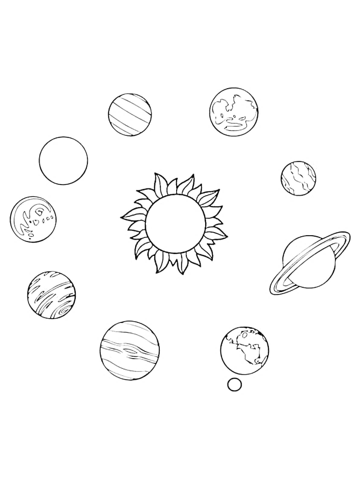 Раскраска Солнечная система с планетами и Солнцем