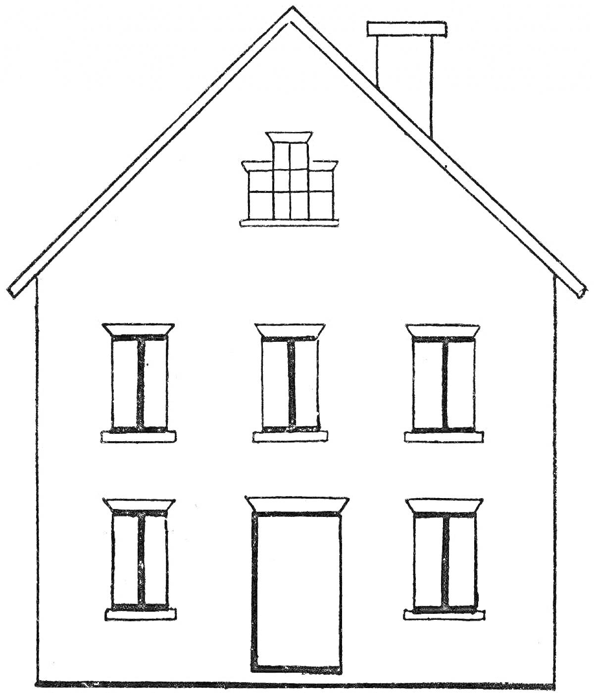 Раскраска Двухэтажный дом с пятью окнами, дверью, трубой на крыше и окошком на чердаке