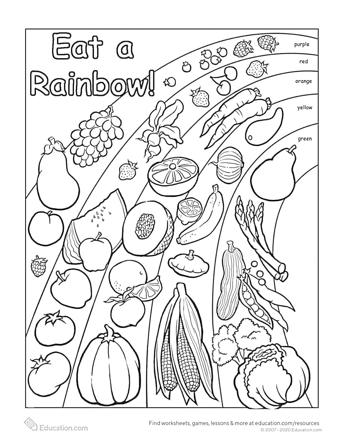 Раскраска Eat a Rainbow with Various Fruits and Vegetables, Including Grapes, Bananas, Peppers, Corn, Pumpkins, Carrots, Cabbage, Broccoli, Tomatoes, Apples, Pears, and More