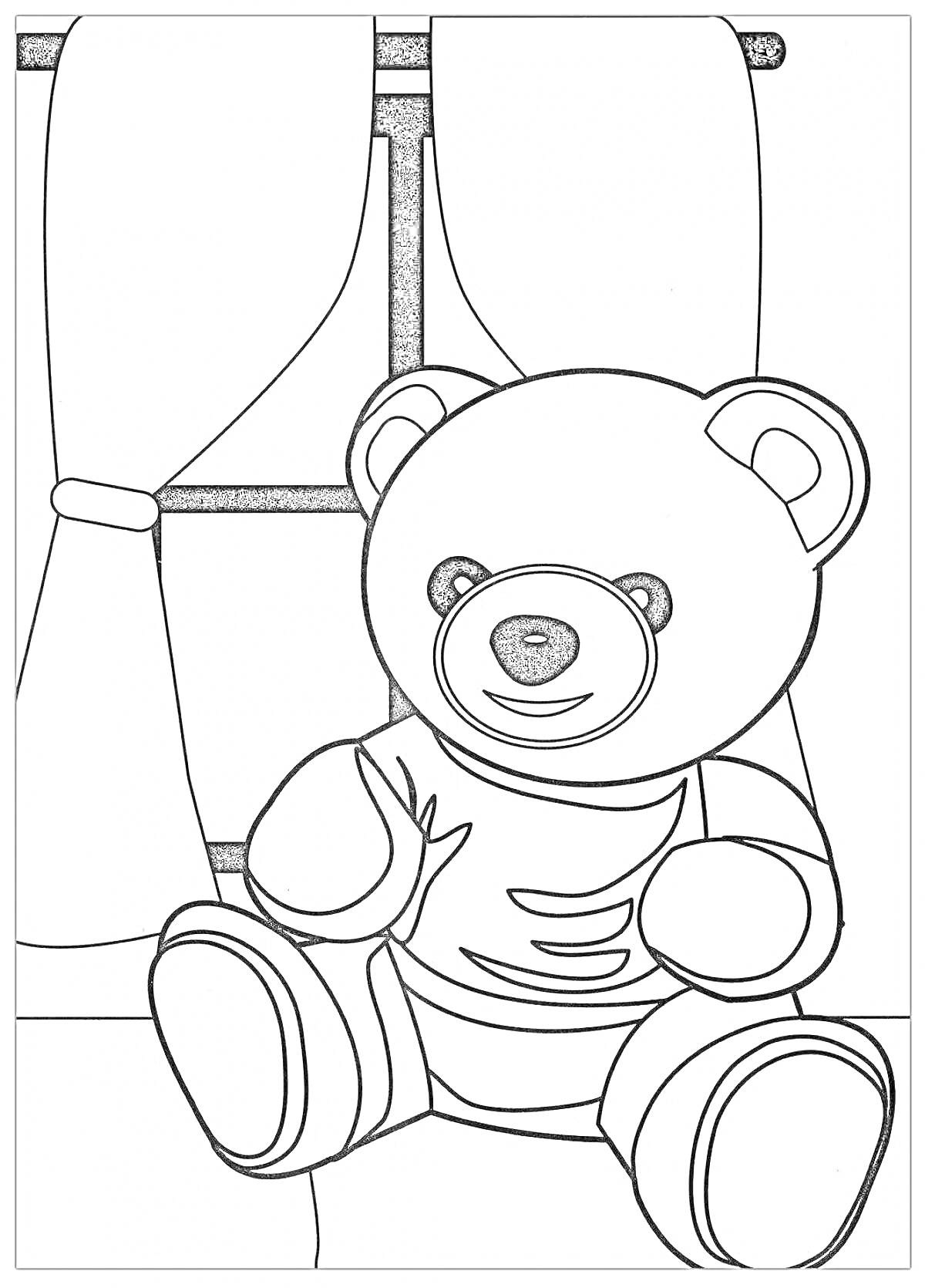 На раскраске изображено: Плюшевый медведь, Занавески, Окна, Игрушки, Медведь